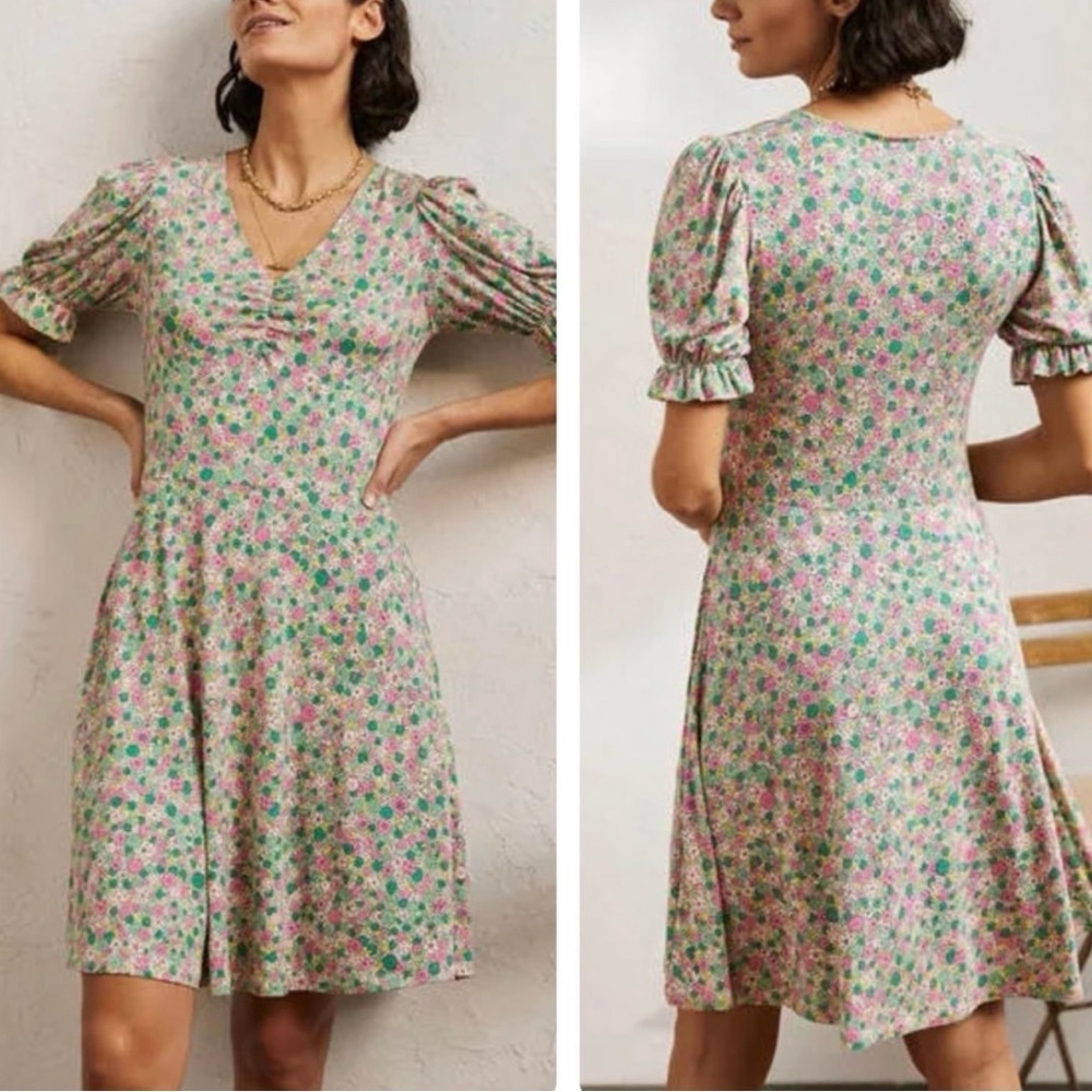 Boden V-Neck Jersey Dress Highland Green, Floret Cluster‎ Size 4